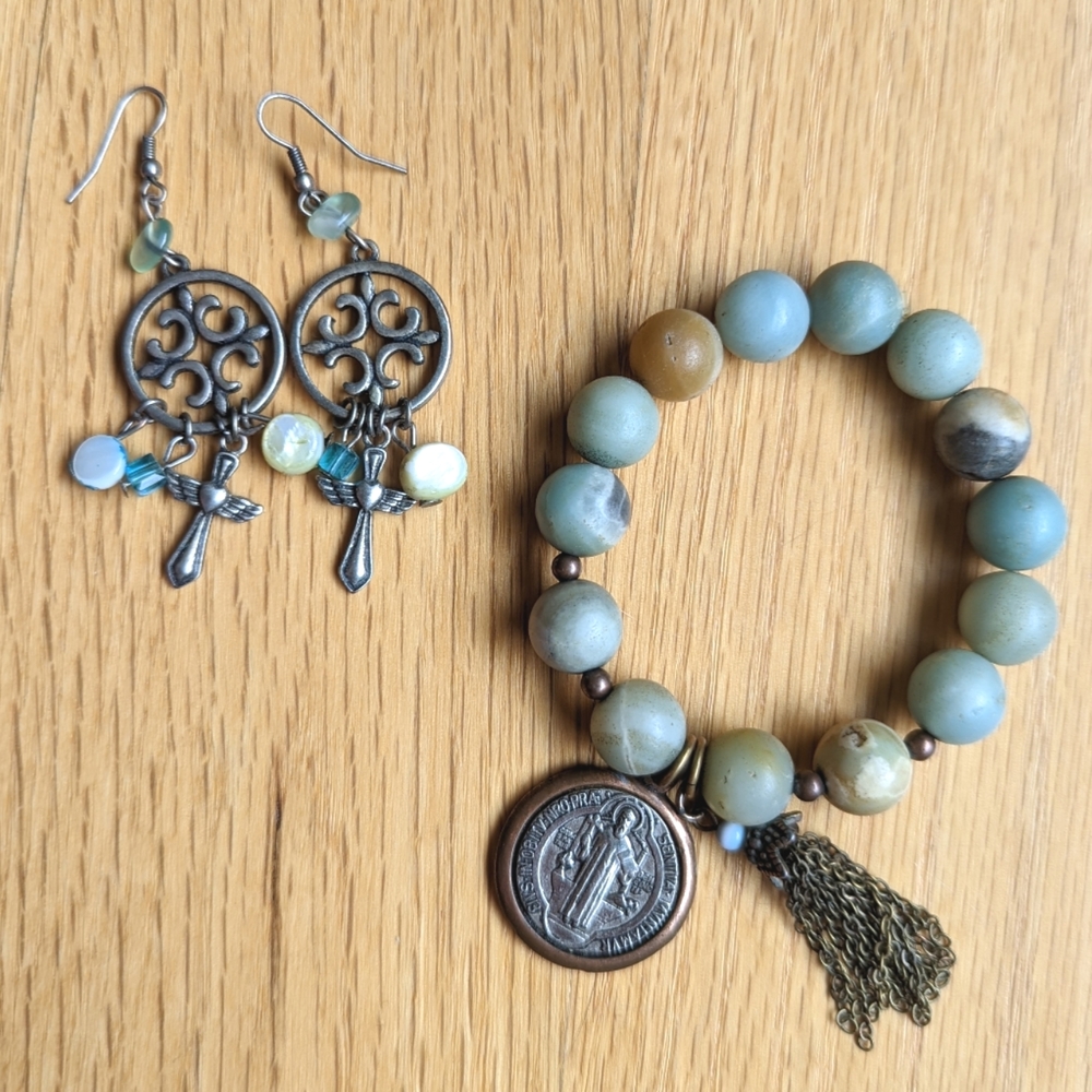 St Benedict Charm Beaded Bracelet and Cross Earring set. Really pretty. EUC.